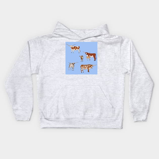 Texas Longhorn Pattern Blue Kids Hoodie by TrapperWeasel